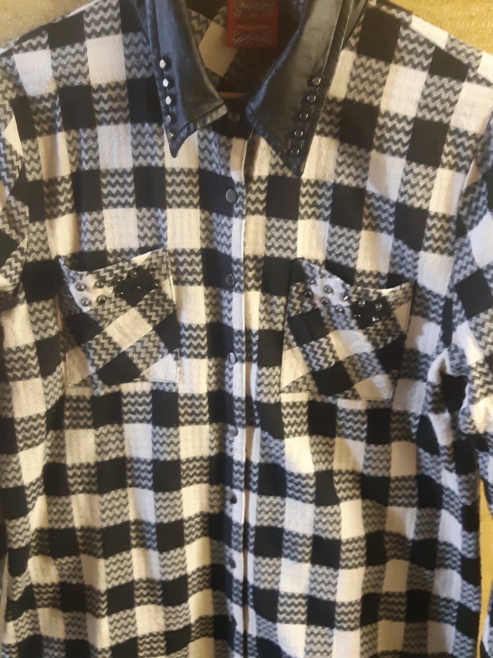 Women's Simon ChangBlack and White Check Button-Up Shirt with Studded Pockets